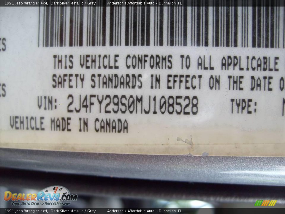 1991 Jeep Wrangler 4x4 Dark Silver Metallic / Grey Photo #15