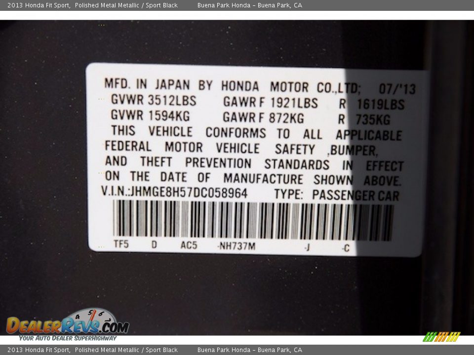 2013 Honda Fit Sport Polished Metal Metallic / Sport Black Photo #31