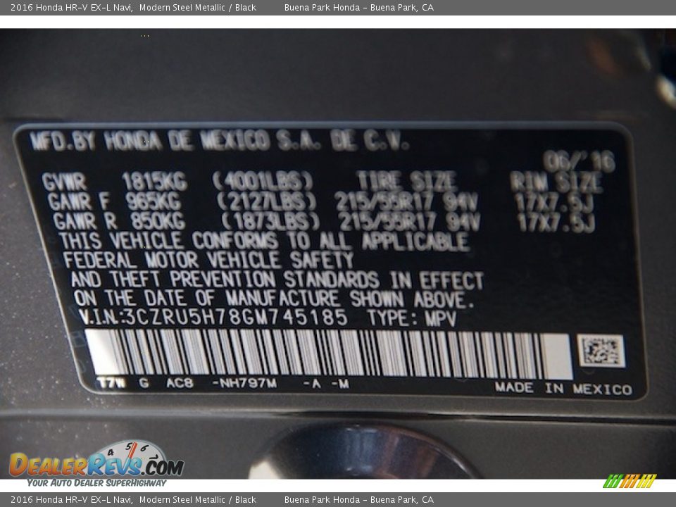 2016 Honda HR-V EX-L Navi Modern Steel Metallic / Black Photo #21