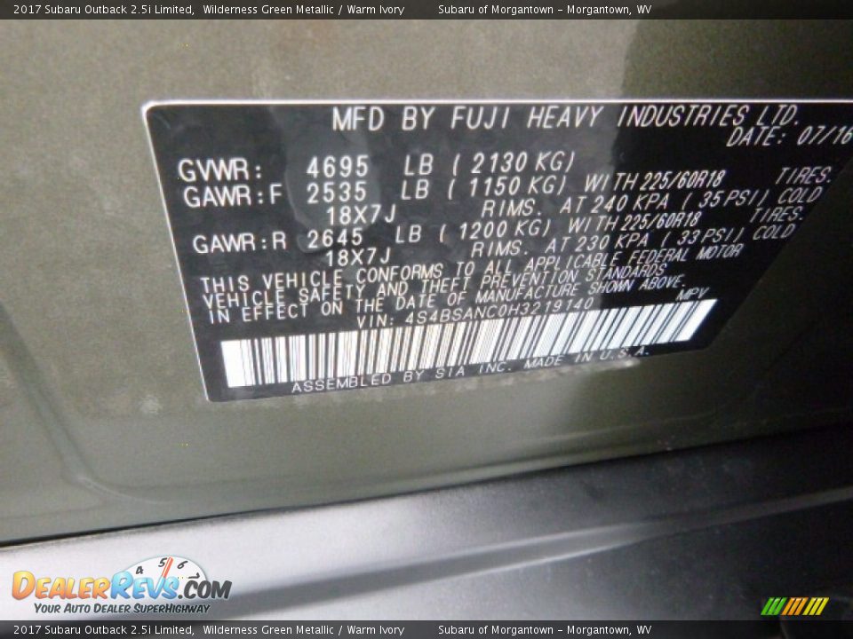 2017 Subaru Outback 2.5i Limited Wilderness Green Metallic / Warm Ivory Photo #15