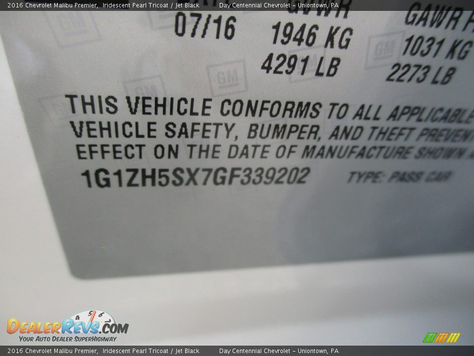 2016 Chevrolet Malibu Premier Iridescent Pearl Tricoat / Jet Black Photo #19