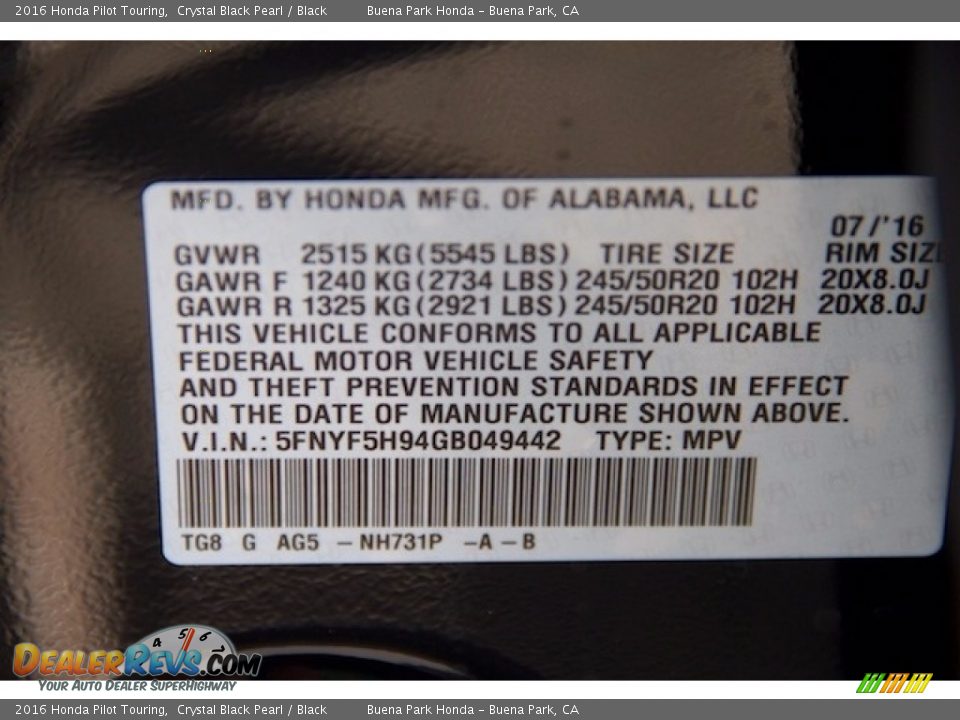 2016 Honda Pilot Touring Crystal Black Pearl / Black Photo #23