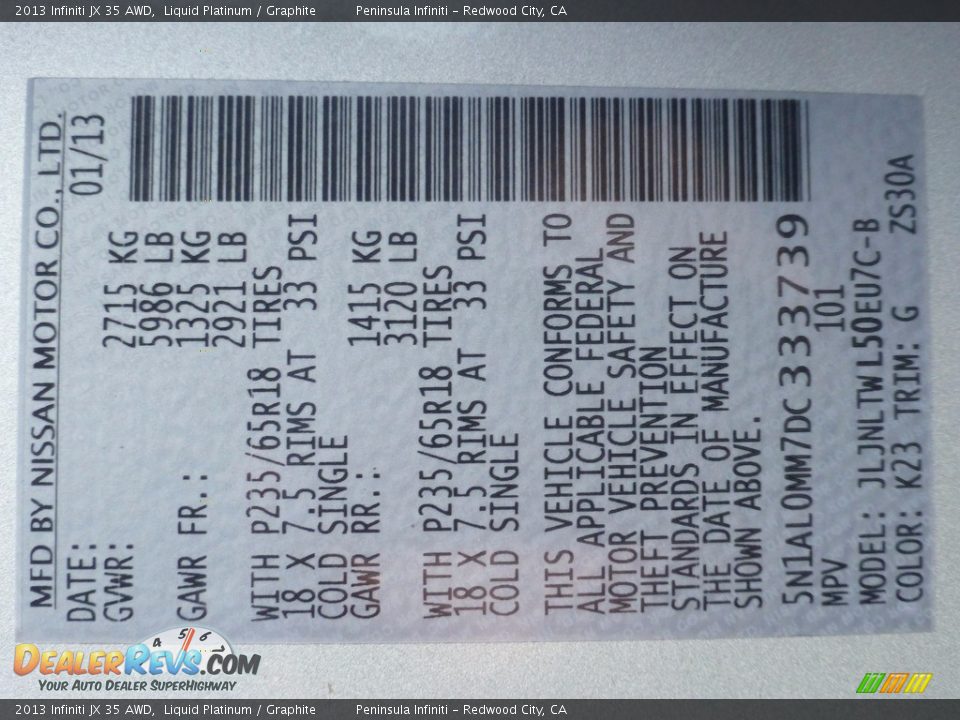 2013 Infiniti JX 35 AWD Liquid Platinum / Graphite Photo #14