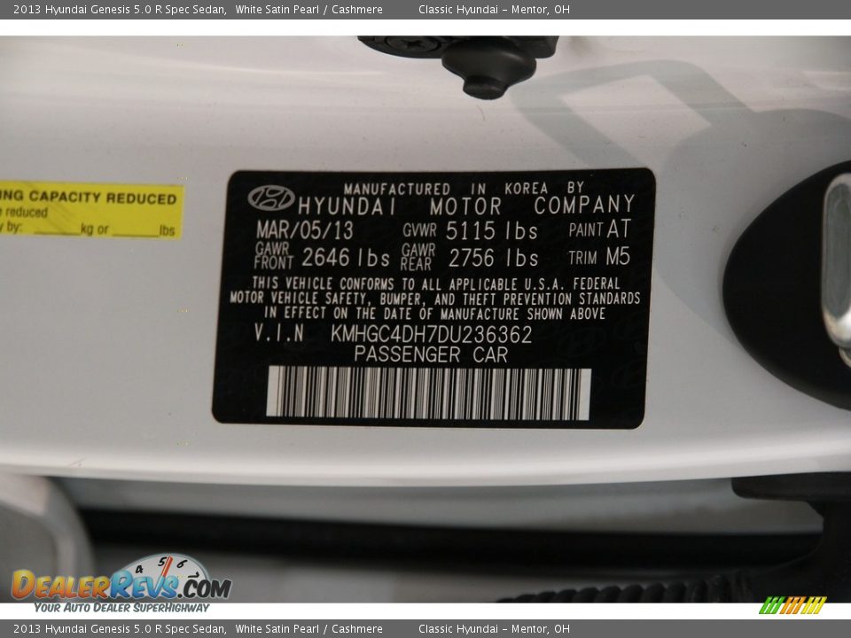 2013 Hyundai Genesis 5.0 R Spec Sedan White Satin Pearl / Cashmere Photo #26
