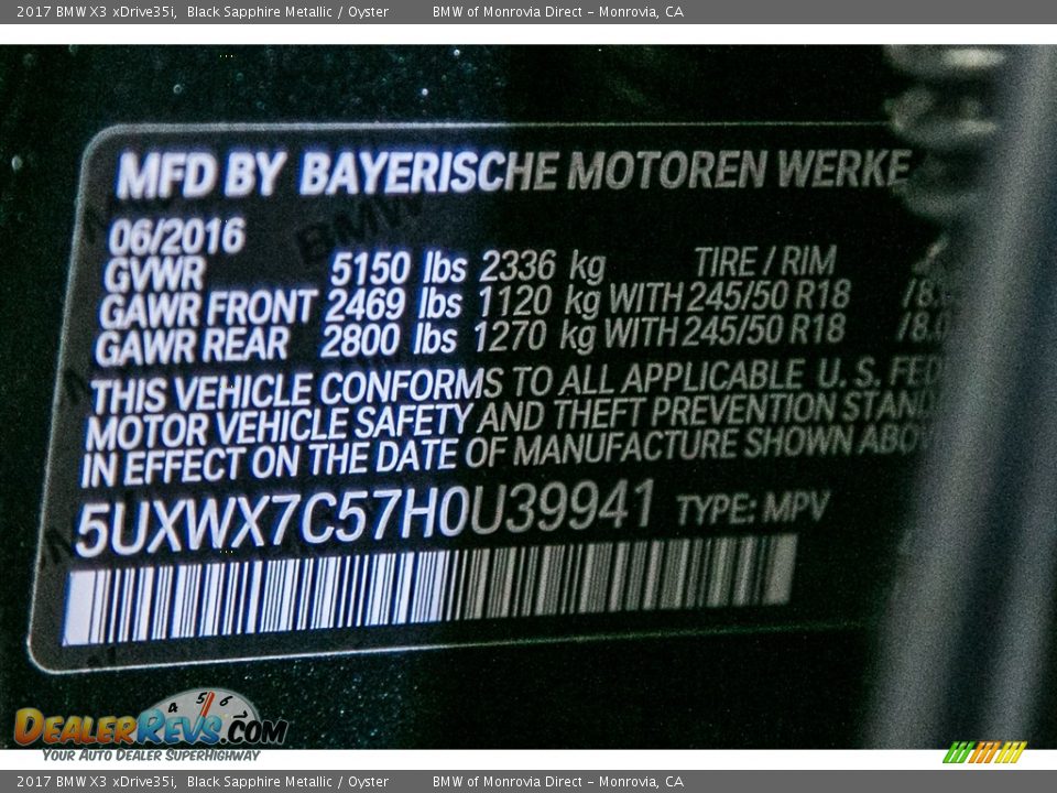 2017 BMW X3 xDrive35i Black Sapphire Metallic / Oyster Photo #7