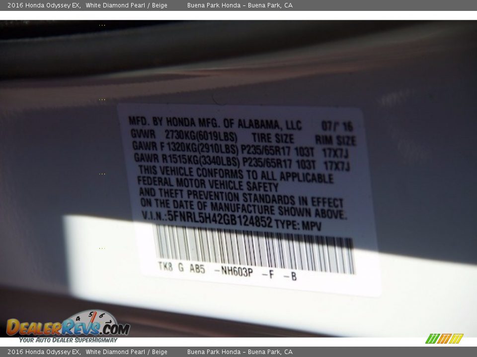 2016 Honda Odyssey EX White Diamond Pearl / Beige Photo #23