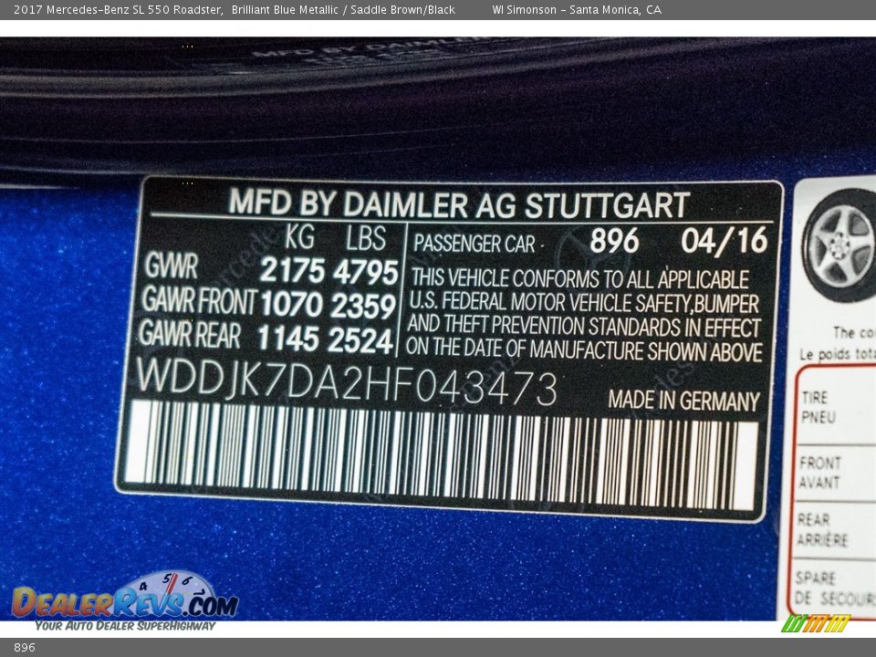 Mercedes-Benz Color Code 896 Brilliant Blue Metallic