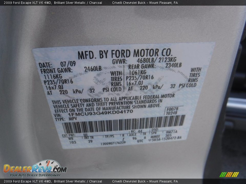2009 Ford Escape XLT V6 4WD Brilliant Silver Metallic / Charcoal Photo #34
