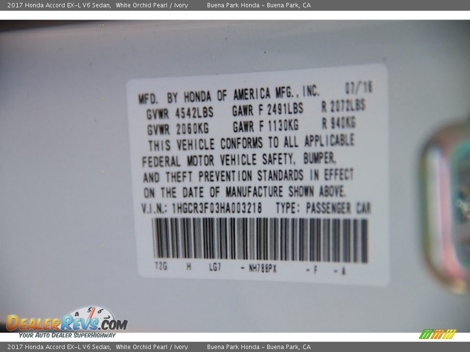 2017 Honda Accord EX-L V6 Sedan White Orchid Pearl / Ivory Photo #19