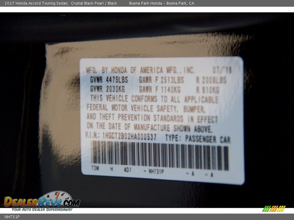 Honda Color Code NH731P Crystal Black Pearl