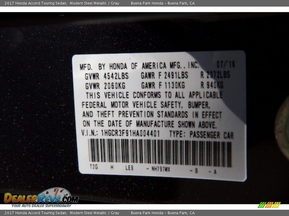 2017 Honda Accord Touring Sedan Modern Steel Metallic / Gray Photo #18