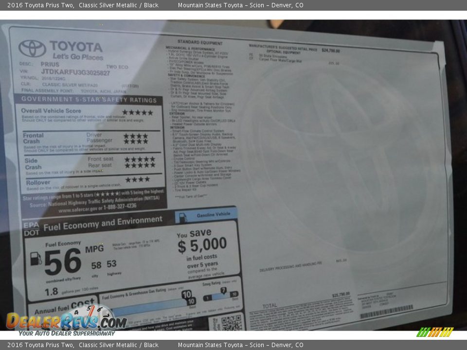 2016 Toyota Prius Two Classic Silver Metallic / Black Photo #10