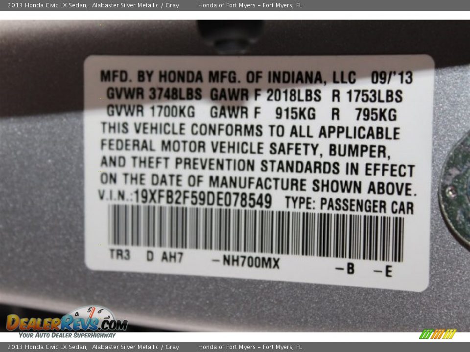 2013 Honda Civic LX Sedan Alabaster Silver Metallic / Gray Photo #32
