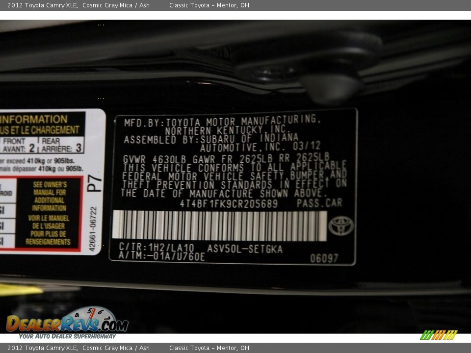 2012 Toyota Camry XLE Cosmic Gray Mica / Ash Photo #21