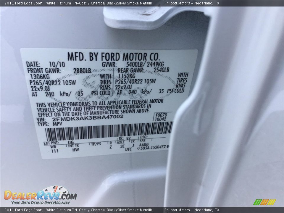 2011 Ford Edge Sport White Platinum Tri-Coat / Charcoal Black/Silver Smoke Metallic Photo #6