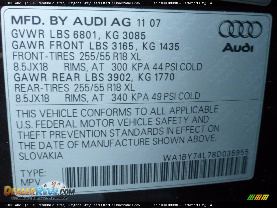 2008 Audi Q7 3.6 Premium quattro Daytona Grey Pearl Effect / Limestone Grey Photo #18