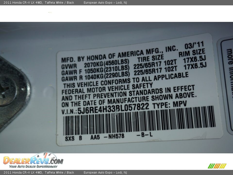 2011 Honda CR-V LX 4WD Taffeta White / Black Photo #33