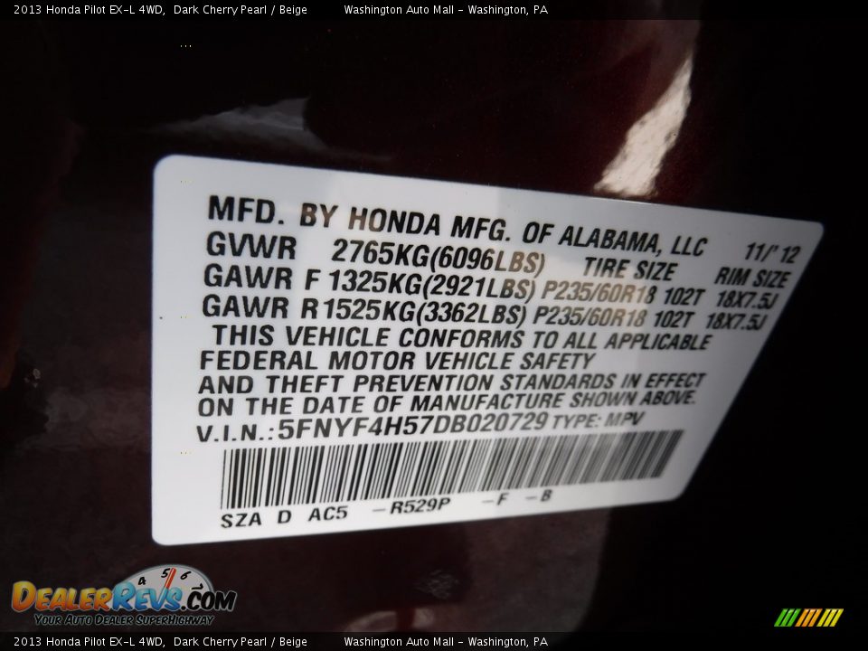 2013 Honda Pilot EX-L 4WD Dark Cherry Pearl / Beige Photo #29