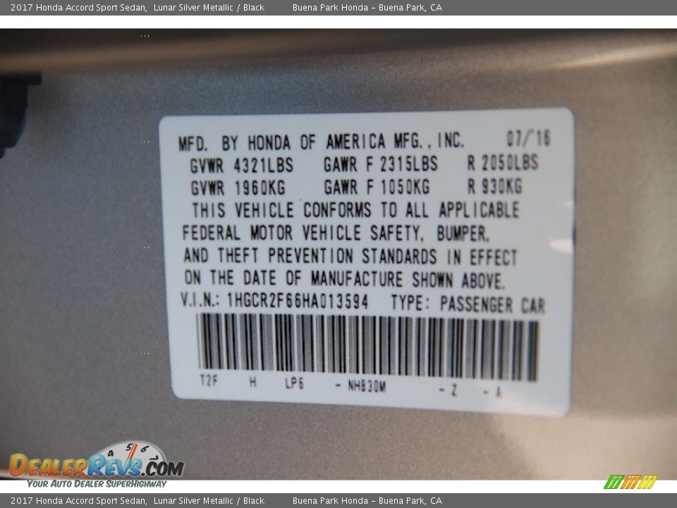 2017 Honda Accord Sport Sedan Lunar Silver Metallic / Black Photo #16
