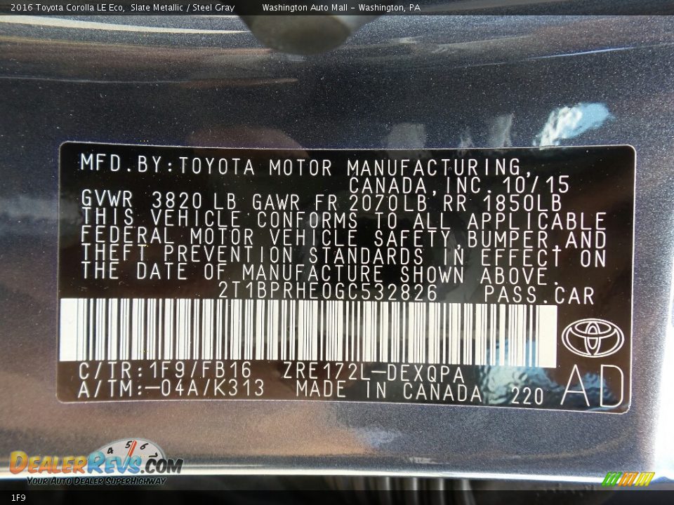 Toyota Color Code 1F9 Slate Metallic