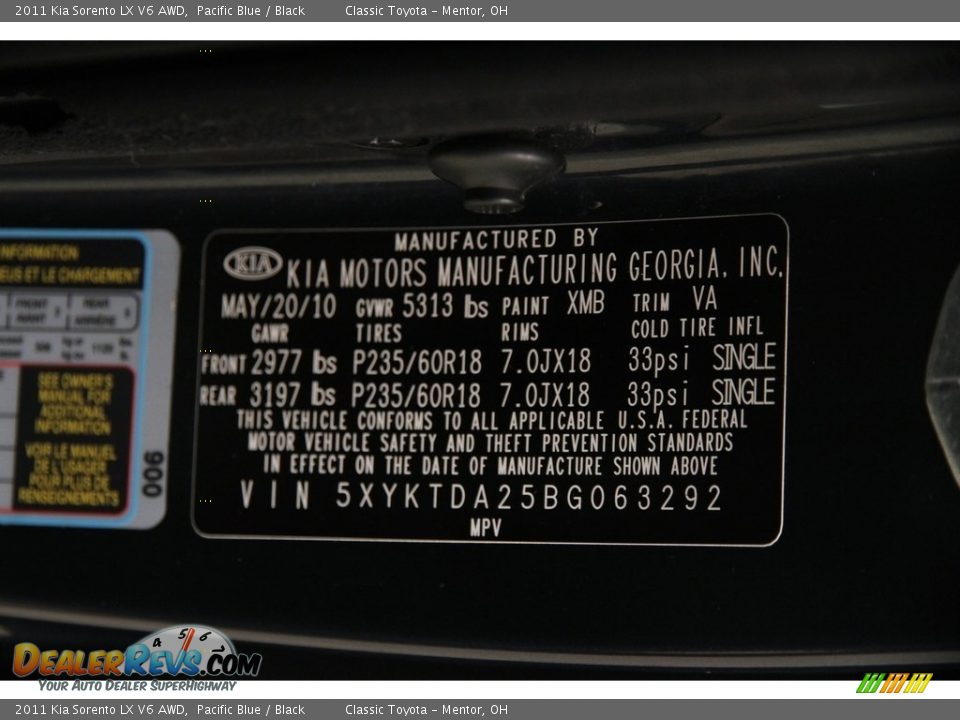 2011 Kia Sorento LX V6 AWD Pacific Blue / Black Photo #16