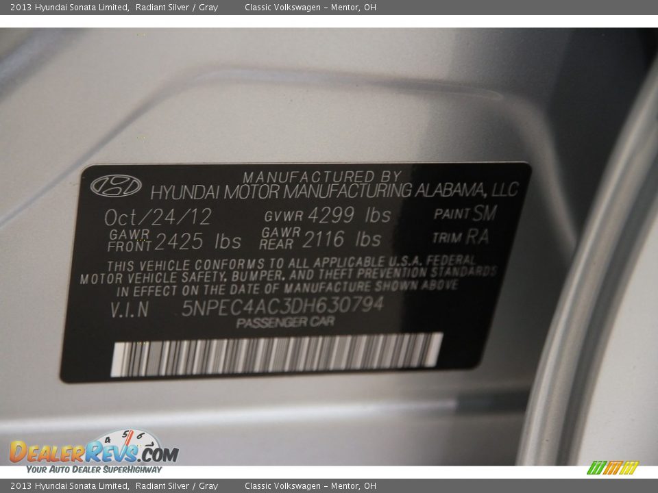 2013 Hyundai Sonata Limited Radiant Silver / Gray Photo #16