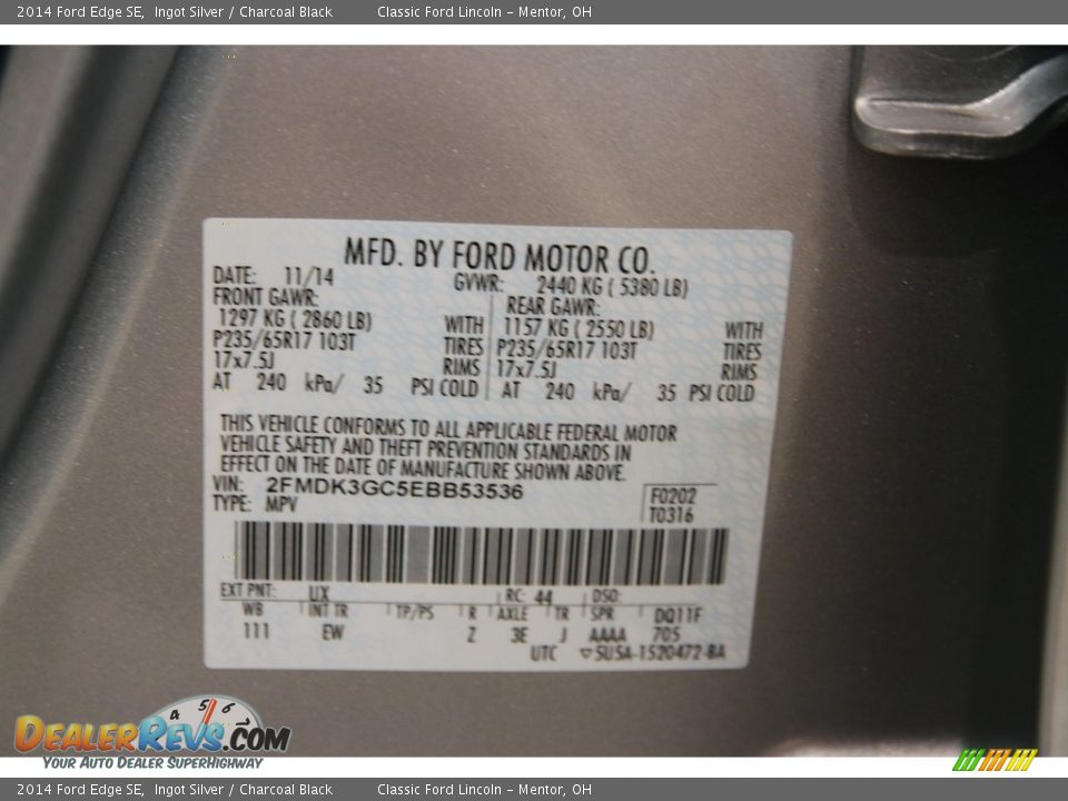 2014 Ford Edge SE Ingot Silver / Charcoal Black Photo #16