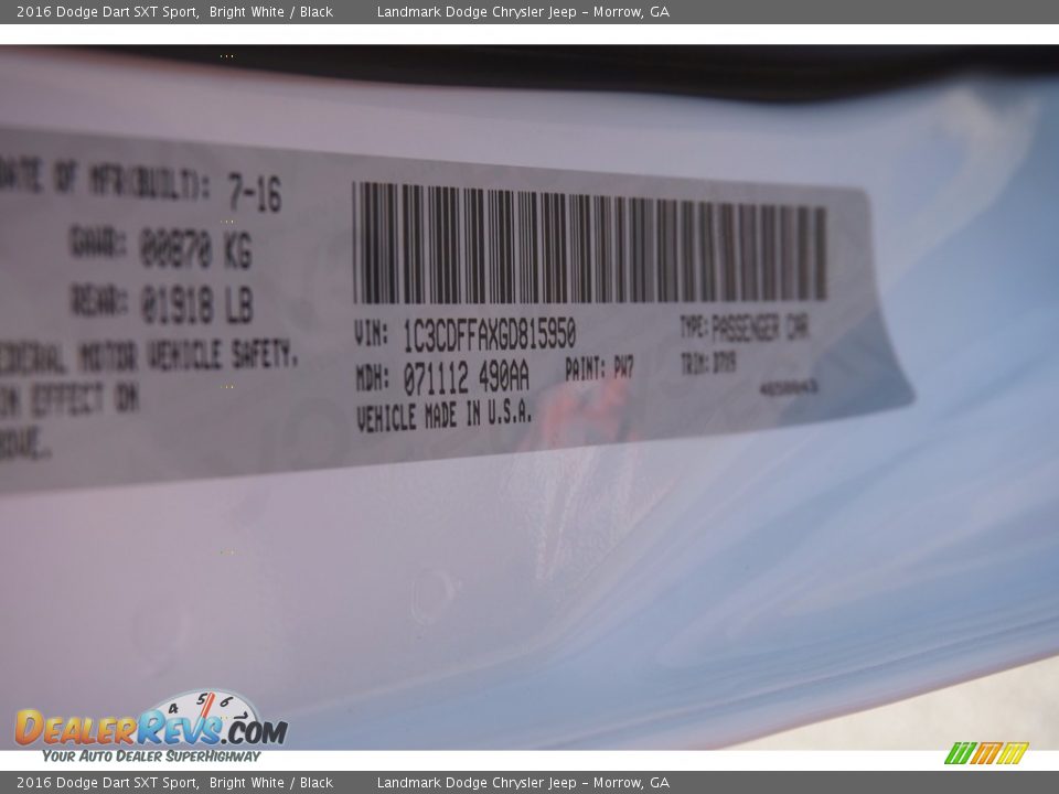 2016 Dodge Dart SXT Sport Bright White / Black Photo #9