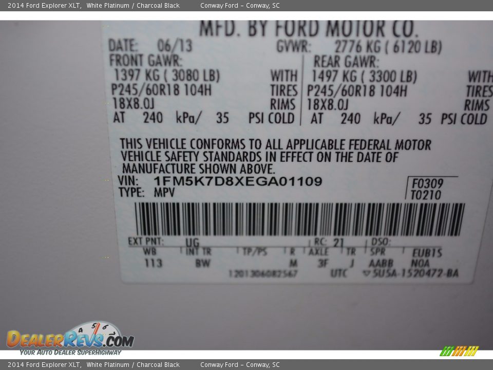 2014 Ford Explorer XLT White Platinum / Charcoal Black Photo #19