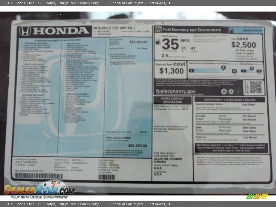 2016 Honda Civic EX-L Coupe Rallye Red / Black/Ivory Photo #27