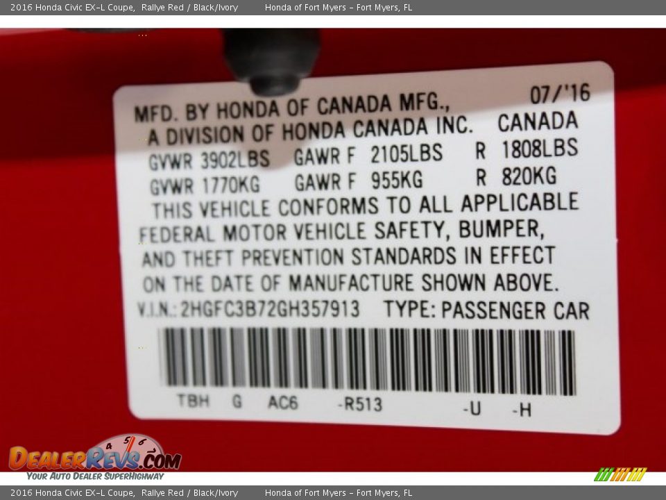 2016 Honda Civic EX-L Coupe Rallye Red / Black/Ivory Photo #28