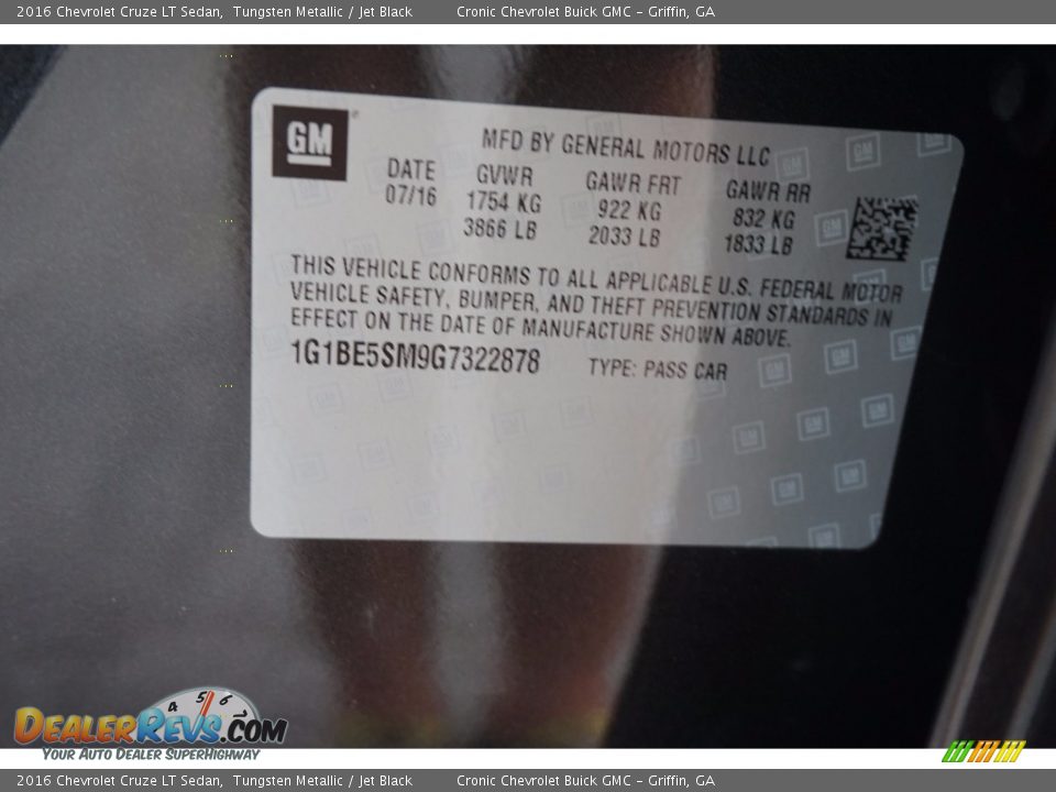 2016 Chevrolet Cruze LT Sedan Tungsten Metallic / Jet Black Photo #15