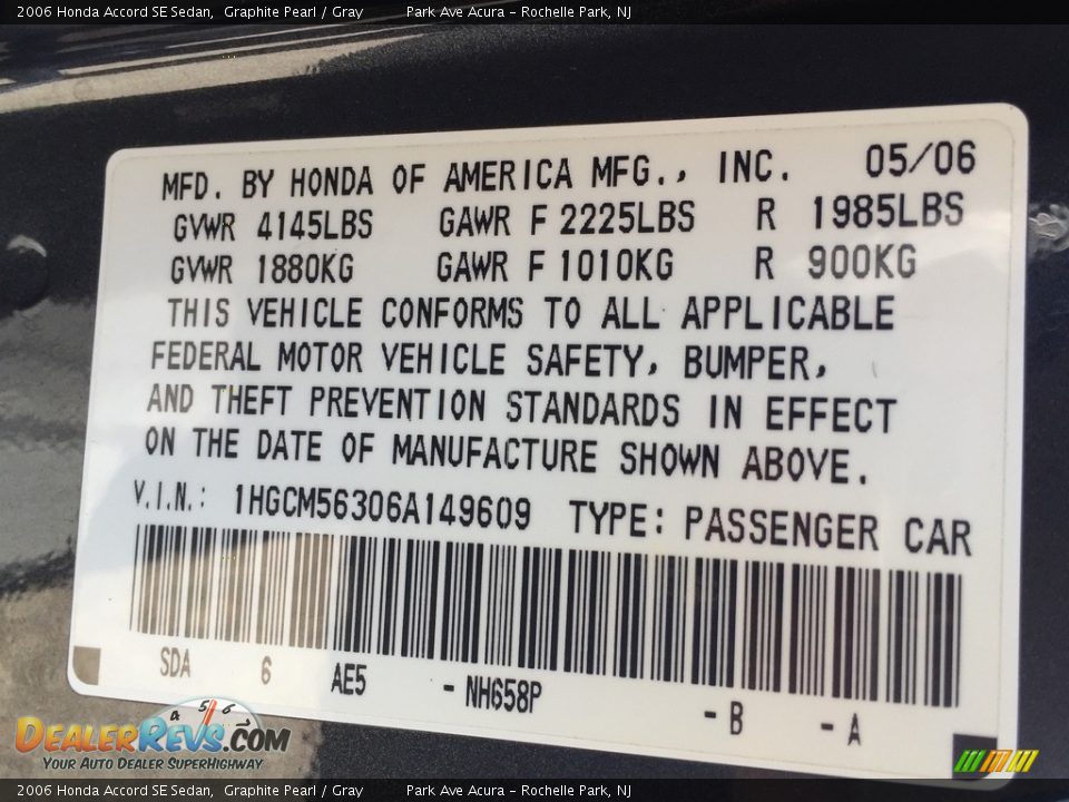 2006 Honda Accord SE Sedan Graphite Pearl / Gray Photo #33