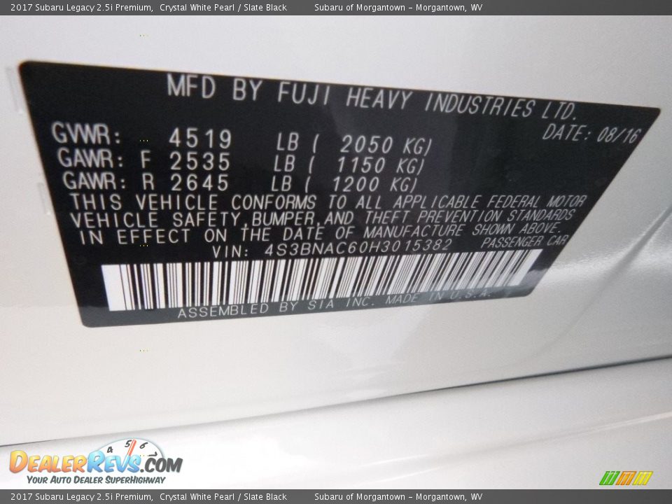 2017 Subaru Legacy 2.5i Premium Crystal White Pearl / Slate Black Photo #14