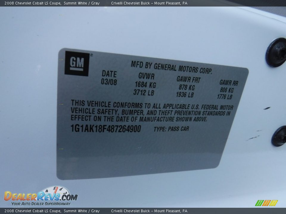 2008 Chevrolet Cobalt LS Coupe Summit White / Gray Photo #28