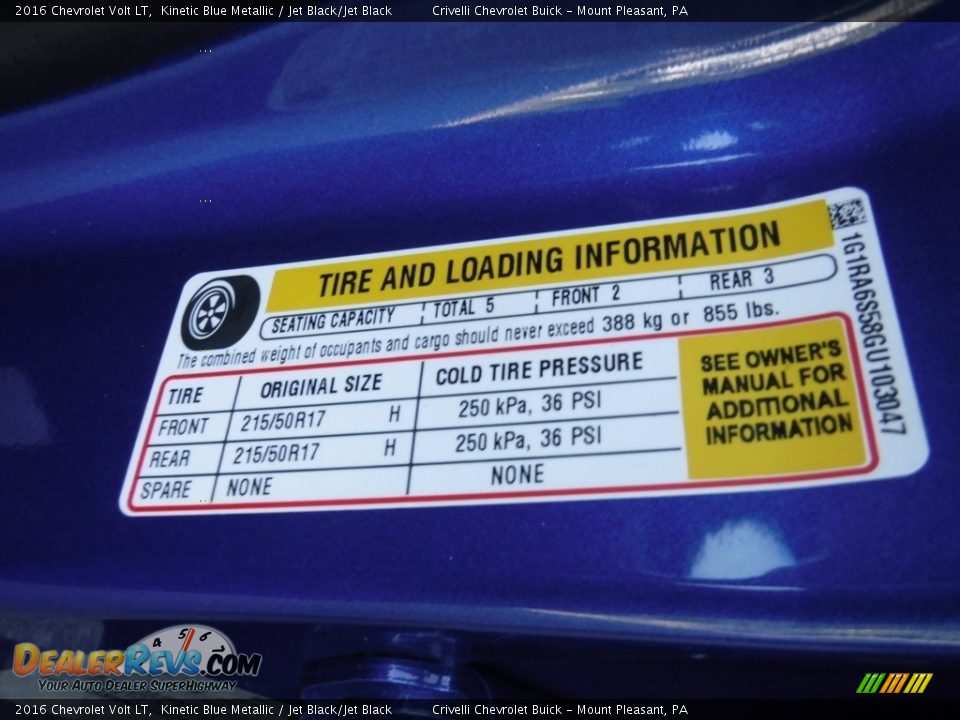 Info Tag of 2016 Chevrolet Volt LT Photo #33