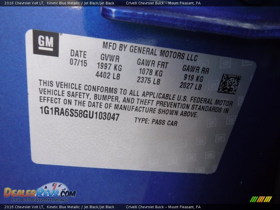 Info Tag of 2016 Chevrolet Volt LT Photo #34