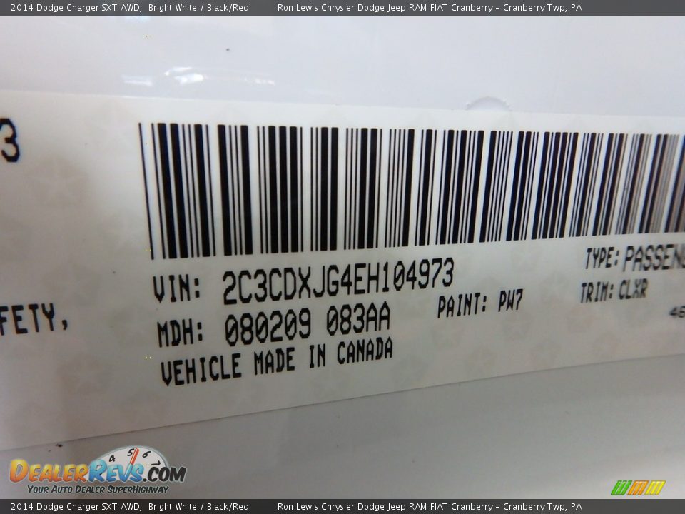 2014 Dodge Charger SXT AWD Bright White / Black/Red Photo #19