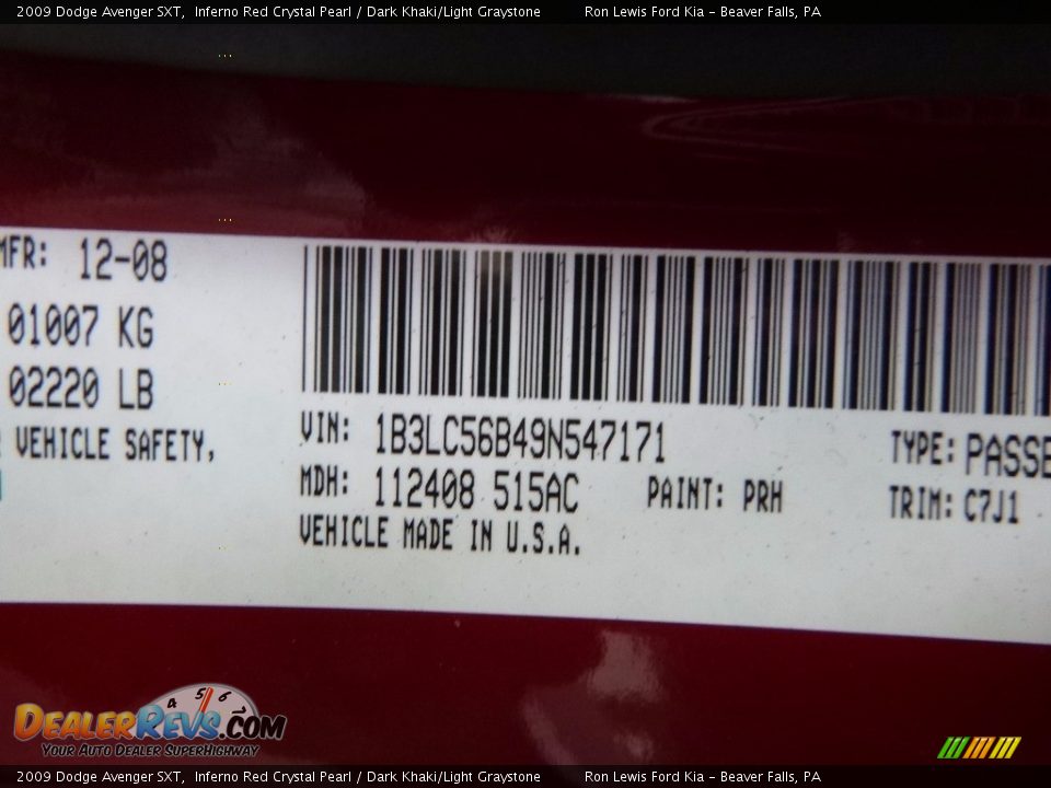 2009 Dodge Avenger SXT Inferno Red Crystal Pearl / Dark Khaki/Light Graystone Photo #14