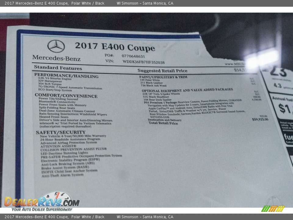 2017 Mercedes-Benz E 400 Coupe Window Sticker Photo #11