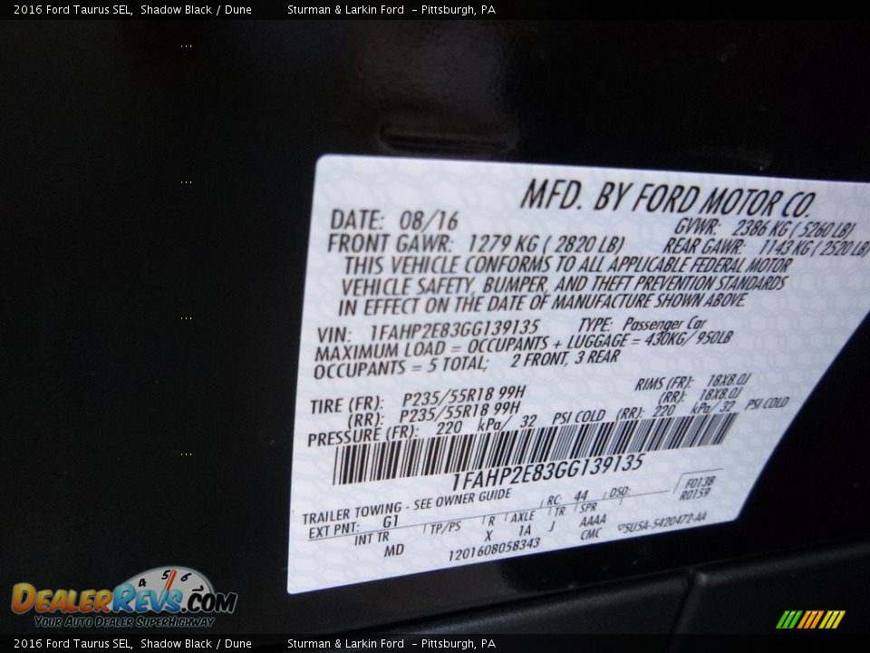 2016 Ford Taurus SEL Shadow Black / Dune Photo #10