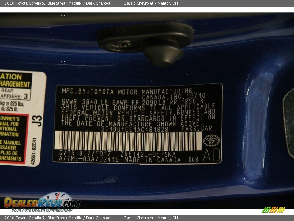2010 Toyota Corolla S Blue Streak Metallic / Dark Charcoal Photo #15