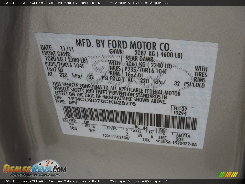 2012 Ford Escape XLT 4WD Gold Leaf Metallic / Charcoal Black Photo #20