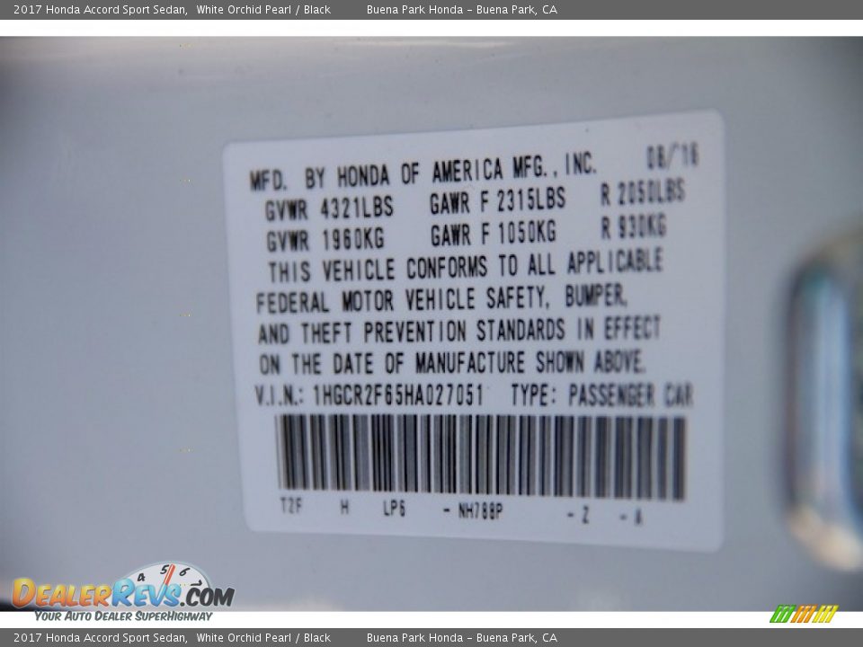 2017 Honda Accord Sport Sedan White Orchid Pearl / Black Photo #16