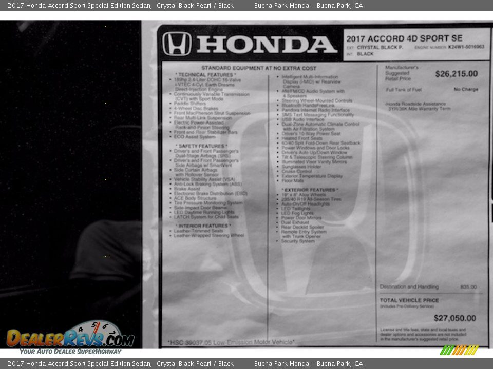 2017 Honda Accord Sport Special Edition Sedan Window Sticker Photo #16