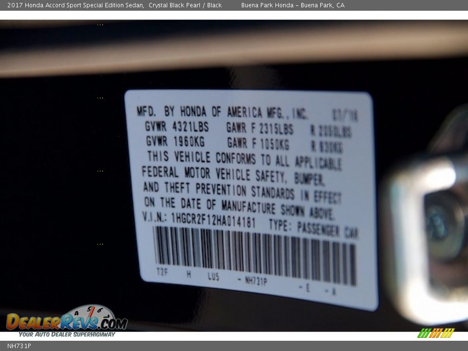 Honda Color Code NH731P Crystal Black Pearl