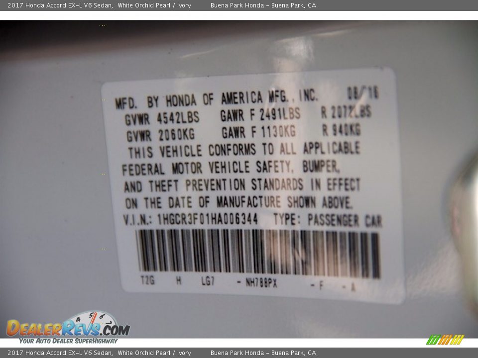 2017 Honda Accord EX-L V6 Sedan White Orchid Pearl / Ivory Photo #20