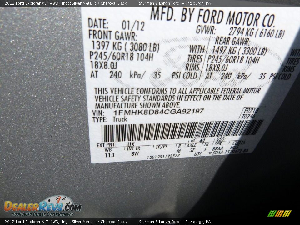 2012 Ford Explorer XLT 4WD Ingot Silver Metallic / Charcoal Black Photo #11