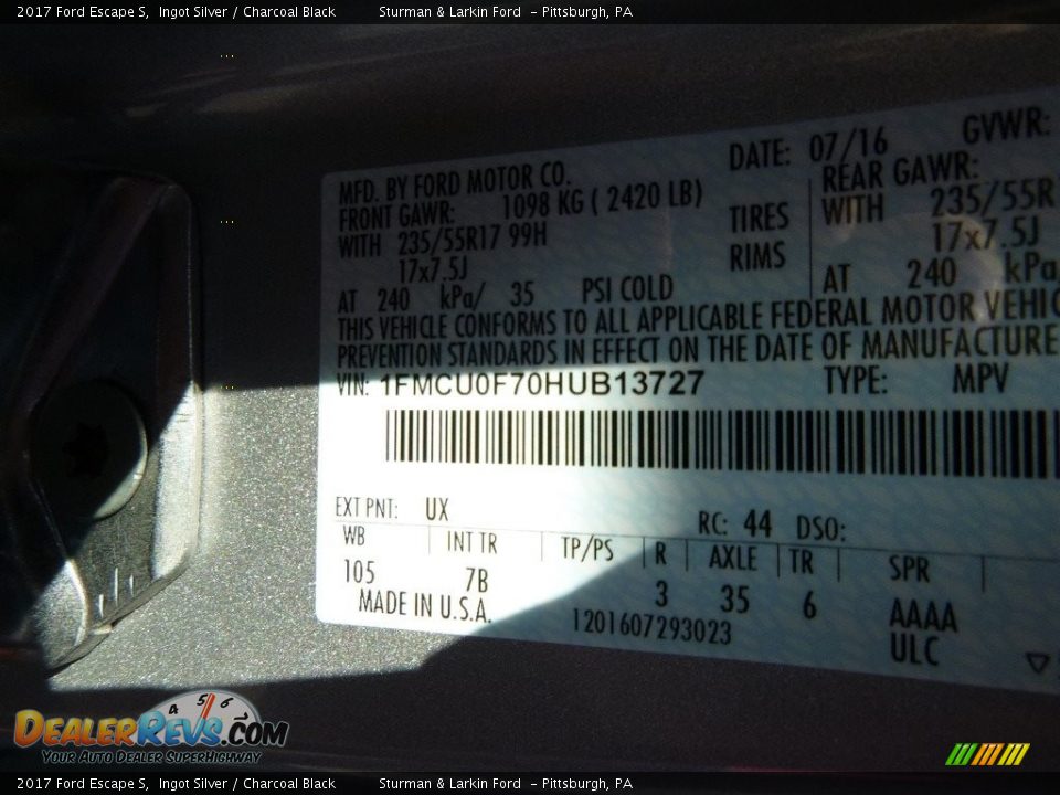 2017 Ford Escape S Ingot Silver / Charcoal Black Photo #11
