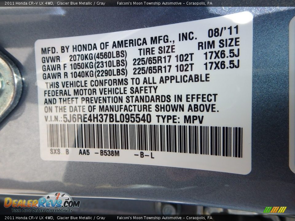 2011 Honda CR-V LX 4WD Glacier Blue Metallic / Gray Photo #24
